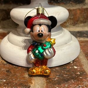 Disney MICKEY MOUSE Blown Glass Christmas Ornament  4" Tall w/ Christmas Tree